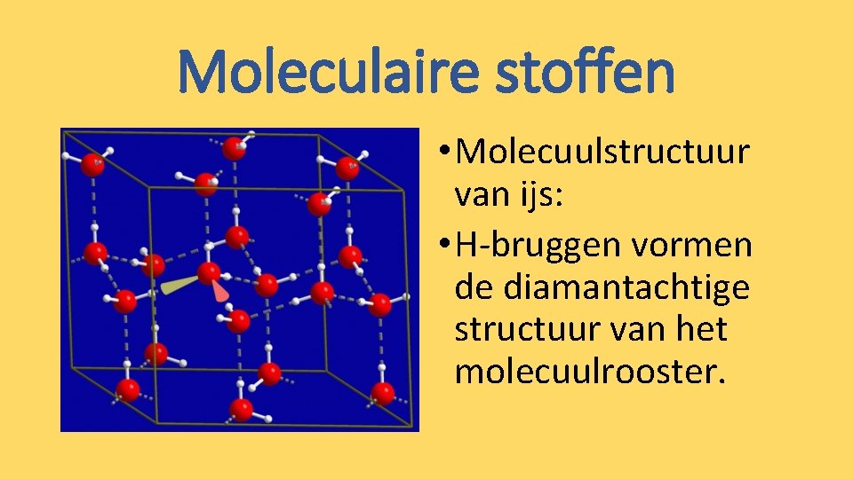Moleculaire stoffen • Molecuulstructuur van ijs: • H-bruggen vormen de diamantachtige structuur van het