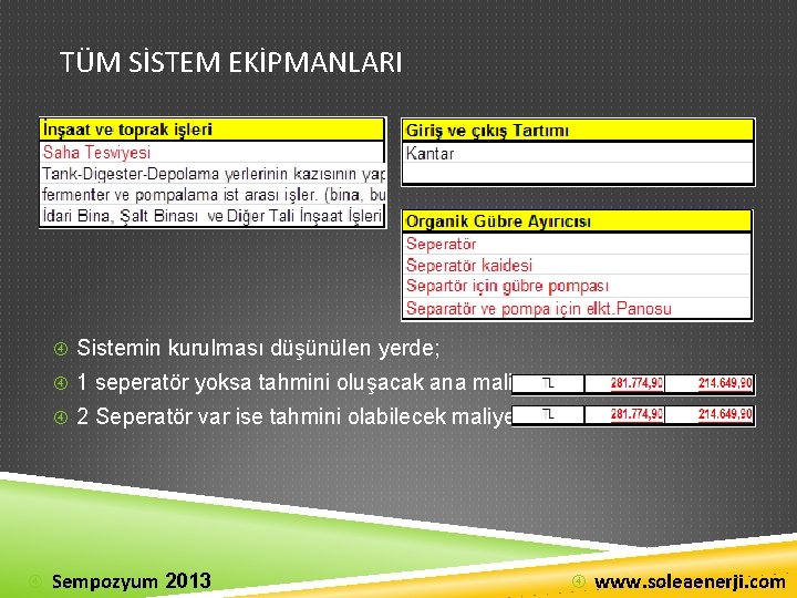 TÜM SİSTEM EKİPMANLARI Sistemin kurulması düşünülen yerde; 1 seperatör yoksa tahmini oluşacak ana maliyet