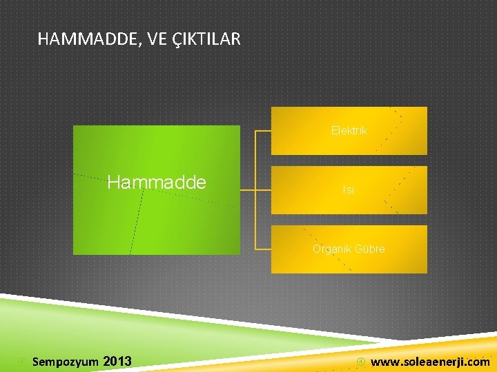 HAMMADDE, VE ÇIKTILAR Elektrik Hammadde Isı Organik Gübre Sempozyum 2013 www. soleaenerji. com 