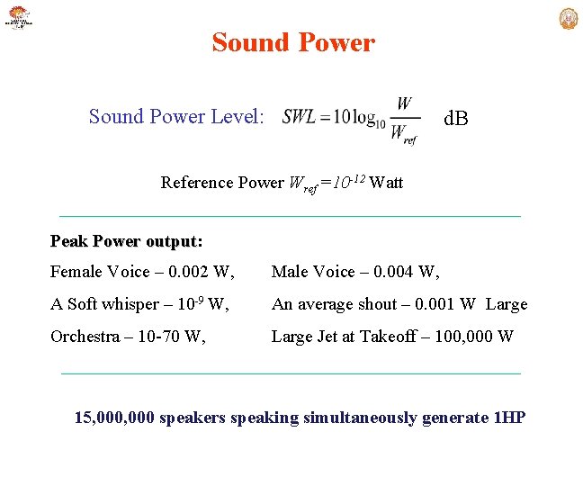 Sound Power Level: d. B Reference Power Wref =10 -12 Watt Peak Power output: