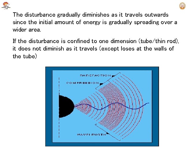 The disturbance gradually diminishes as it travels outwards since the initial amount of energy