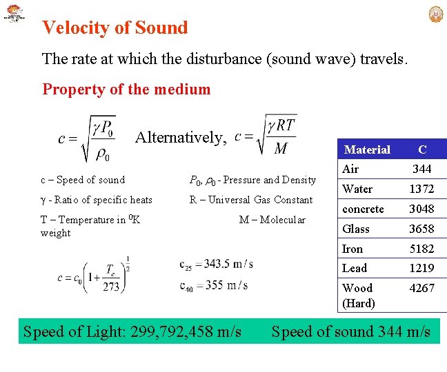 Velocity of Sound The rate at which the disturbance (sound wave) travels. Property of