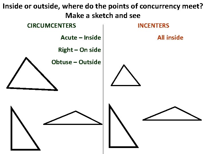 Inside or outside, where do the points of concurrency meet? Make a sketch and