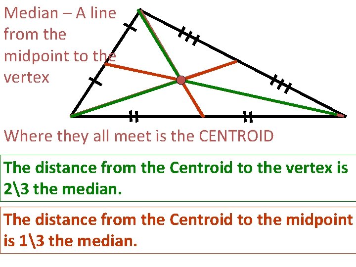 Median – A line from the midpoint to the vertex Where they all meet