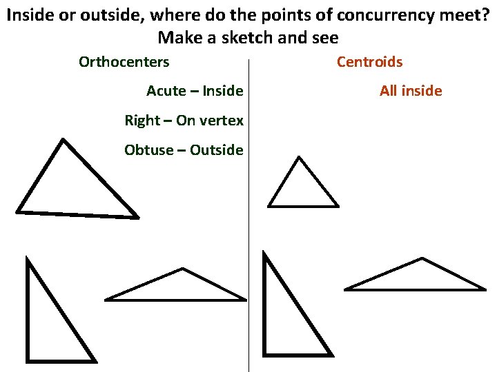 Inside or outside, where do the points of concurrency meet? Make a sketch and