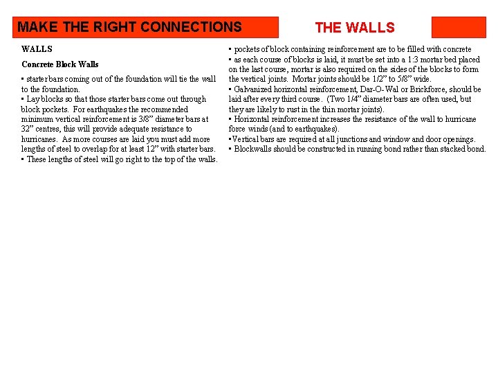 MAKE THE RIGHT CONNECTIONS WALLS Concrete Block Walls • starter bars coming out of