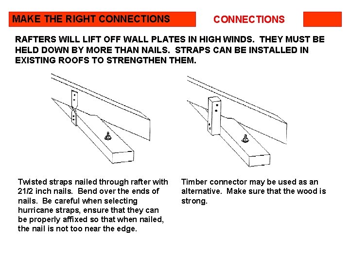MAKE THE RIGHT CONNECTIONS RAFTERS WILL LIFT OFF WALL PLATES IN HIGH WINDS. THEY