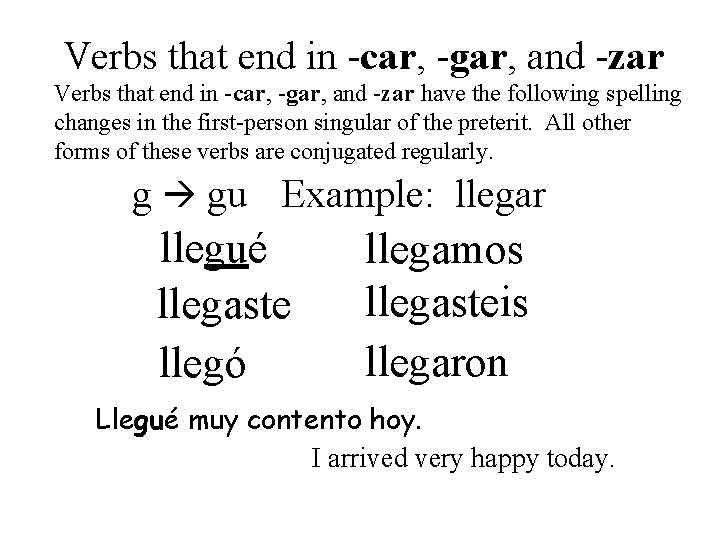 Verbs that end in -car, -gar, and -zar have the following spelling changes in