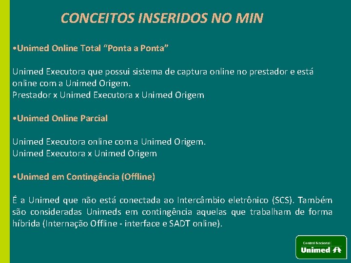 CONCEITOS INSERIDOS NO MIN • Unimed Online Total “Ponta a Ponta” Unimed Executora que