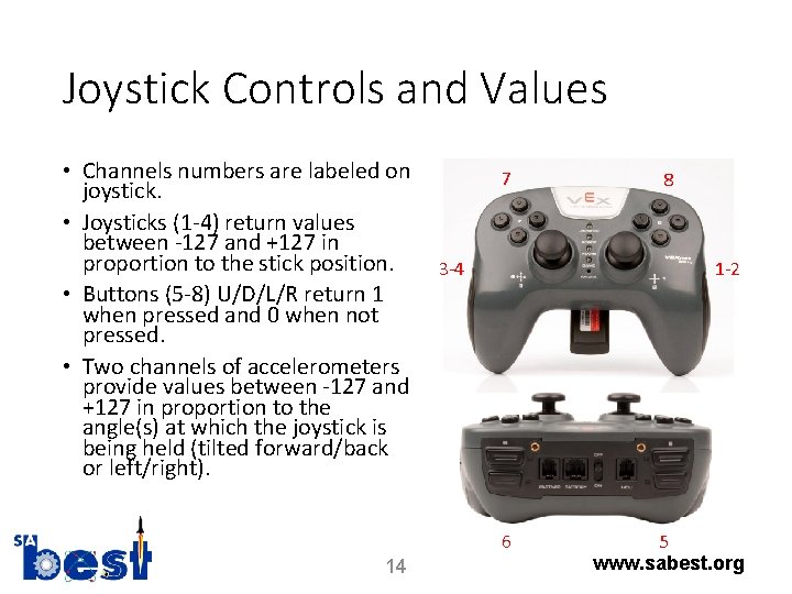 Joystick Controls and Values • Channels numbers are labeled on joystick. • Joysticks (1