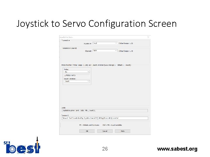 Joystick to Servo Configuration Screen 26 www. sabest. org 