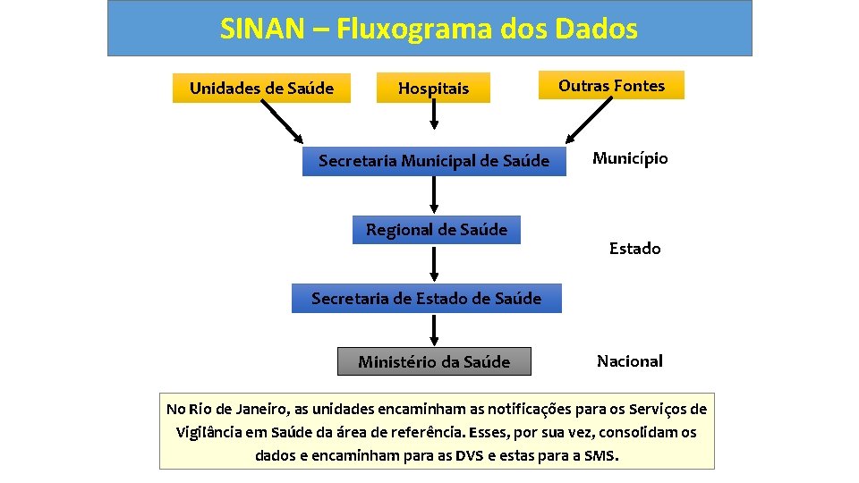 SINAN – Fluxograma dos Dados Unidades de Saúde Hospitais Secretaria Municipal de Saúde Regional