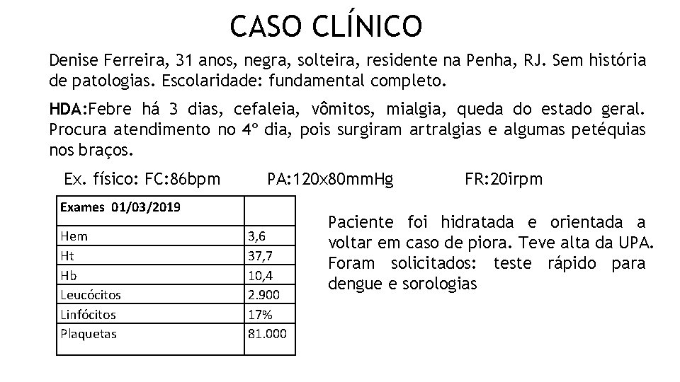 CASO CLÍNICO Denise Ferreira, 31 anos, negra, solteira, residente na Penha, RJ. Sem história