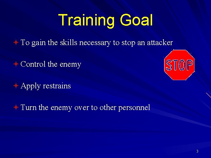 Training Goal ª To gain the skills necessary to stop an attacker ª Control