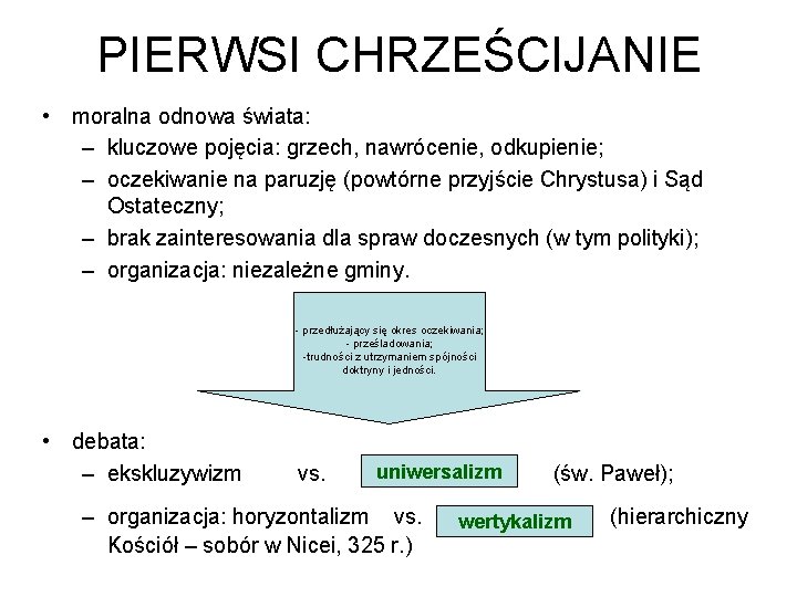 PIERWSI CHRZEŚCIJANIE • moralna odnowa świata: – kluczowe pojęcia: grzech, nawrócenie, odkupienie; – oczekiwanie