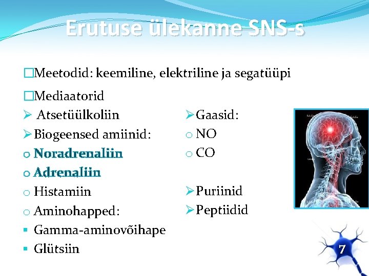 Erutuse ülekanne SNS-s �Meetodid: keemiline, elektriline ja segatüüpi �Mediaatorid Ø Atsetüülkoliin Ø Biogeensed amiinid: