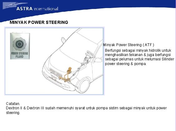 MINYAK POWER STEERING Minyak Power Steering ( ATF ) Berfungsi sebagai minyak hidrolik untuk