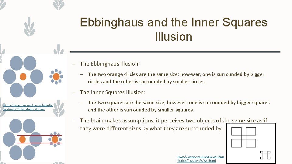 Ebbinghaus and the Inner Squares Illusion – The Ebbinghaus Illusion: – The two orange