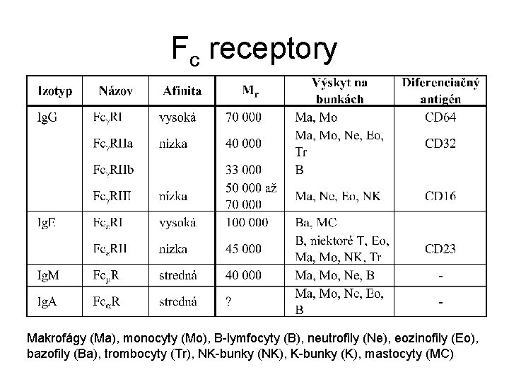 Fc receptory Makrofágy (Ma), monocyty (Mo), B-lymfocyty (B), neutrofily (Ne), eozinofily (Eo), bazofily (Ba),