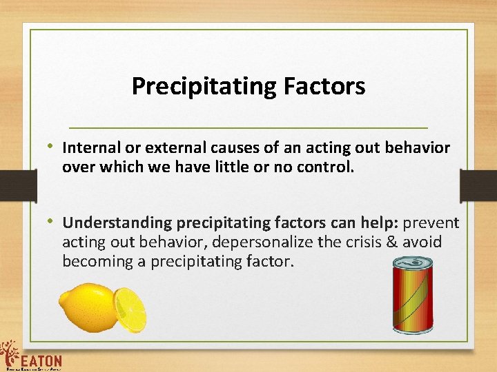 Precipitating Factors • Internal or external causes of an acting out behavior over which