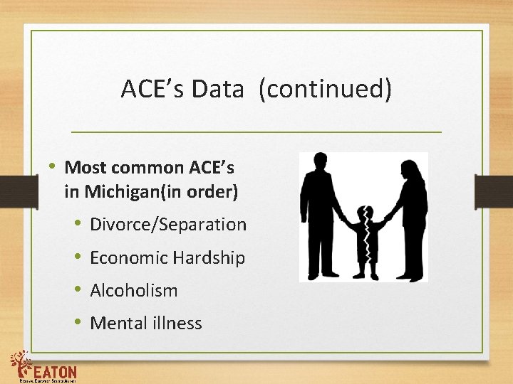 ACE’s Data (continued) • Most common ACE’s in Michigan(in order) • • Divorce/Separation Economic