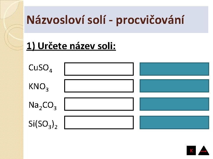 Názvosloví solí - procvičování 1) Určete název soli: Cu. SO 4 síran měďnatý KNO