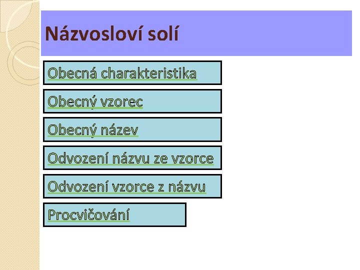 Názvosloví solí Obecná charakteristika Obecný vzorec Obecný název Odvození názvu ze vzorce Odvození vzorce