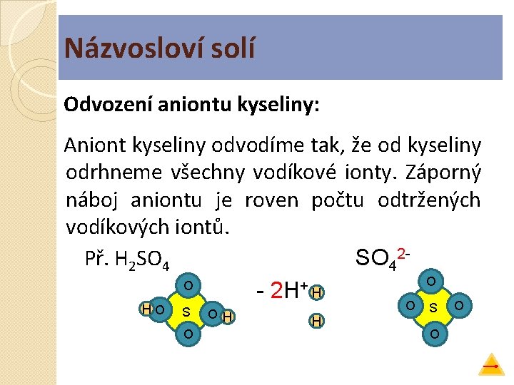 Názvosloví solí Odvození aniontu kyseliny: Aniont kyseliny odvodíme tak, že od kyseliny odrhneme všechny