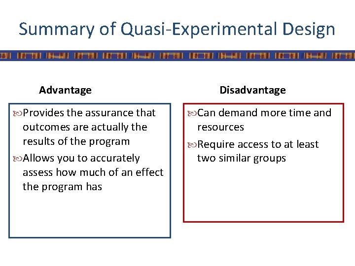 Summary of Quasi-Experimental Design Advantage Provides the assurance that outcomes are actually the results