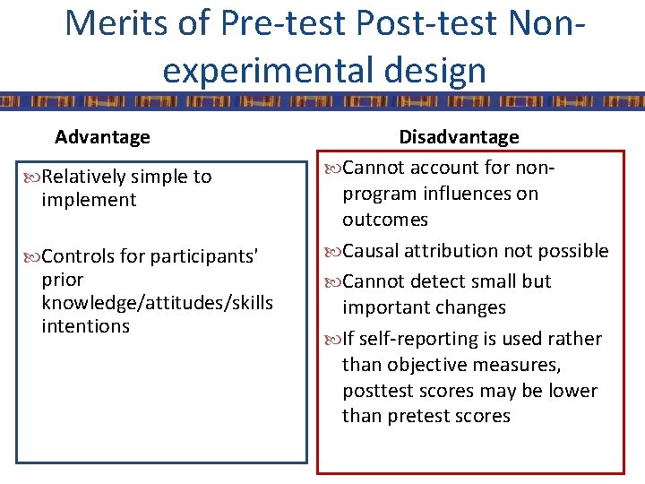 Merits of Pre-test Post-test Nonexperimental design Advantage Relatively simple to implement Controls for participants'