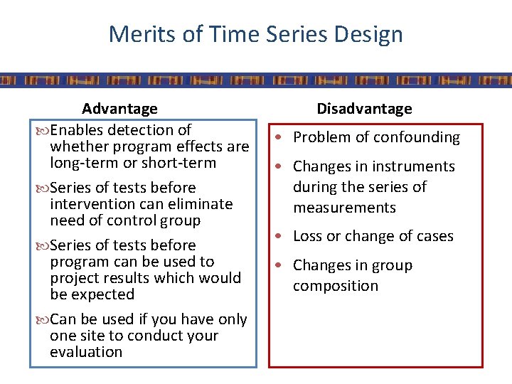 Merits of Time Series Design Advantage Enables detection of whether program effects are long-term