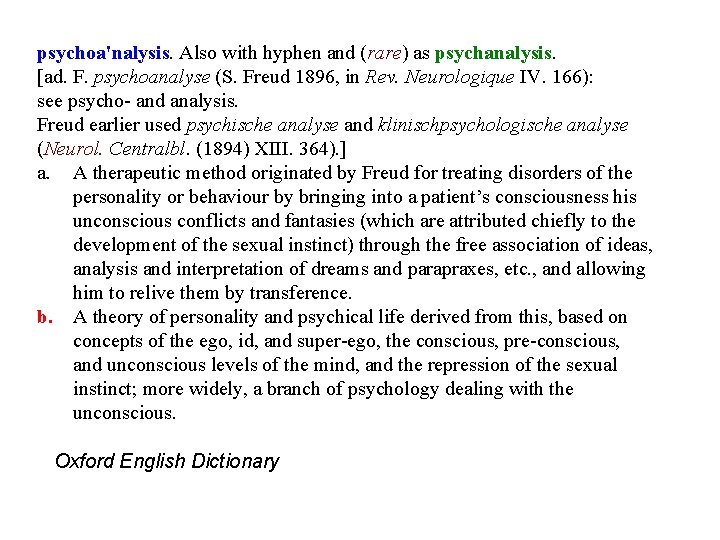 psychoa'nalysis. Also with hyphen and (rare) as psychanalysis. [ad. F. psychoanalyse (S. Freud 1896,