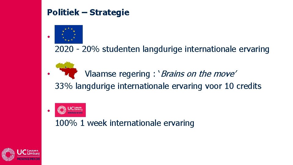 Politiek – Strategie • 2020 - 20% studenten langdurige internationale ervaring • Vlaamse regering