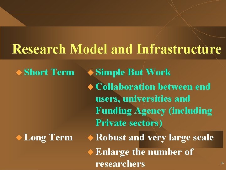 Research Model and Infrastructure u Short Term u Long Term u Simple But Work