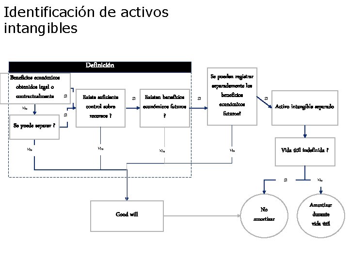 Identificación de activos intangibles Definición Beneficios económicos obtenidos legal o contractualmente No Se puede