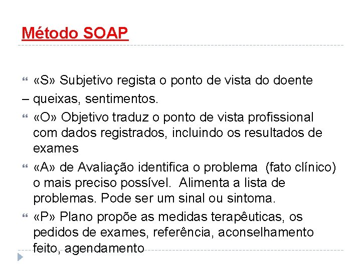 Método SOAP «S» Subjetivo regista o ponto de vista do doente – queixas, sentimentos.