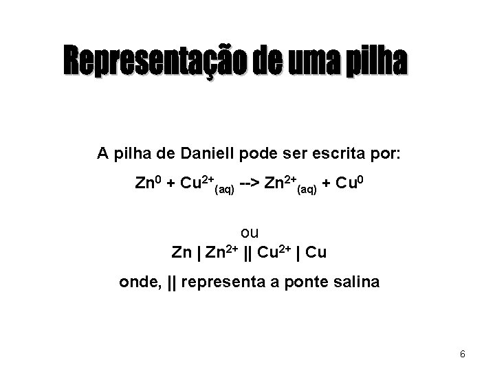 A pilha de Daniell pode ser escrita por: Zn 0 + Cu 2+(aq) -->