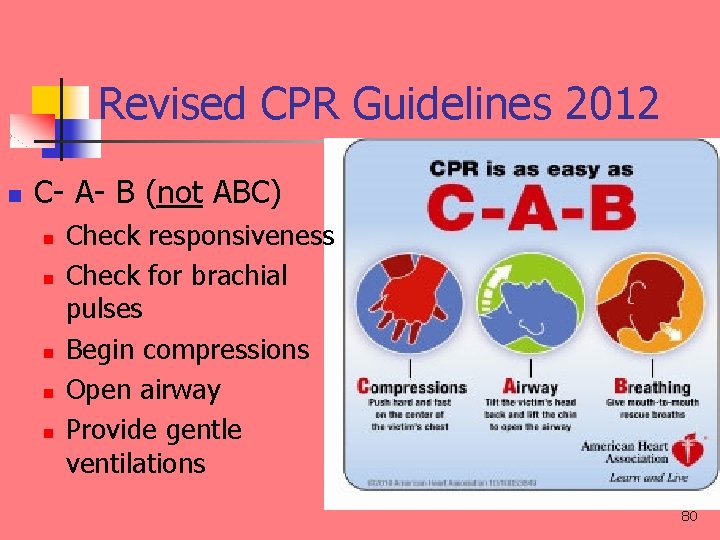 Revised CPR Guidelines 2012 n C- A- B (not ABC) n n n Check