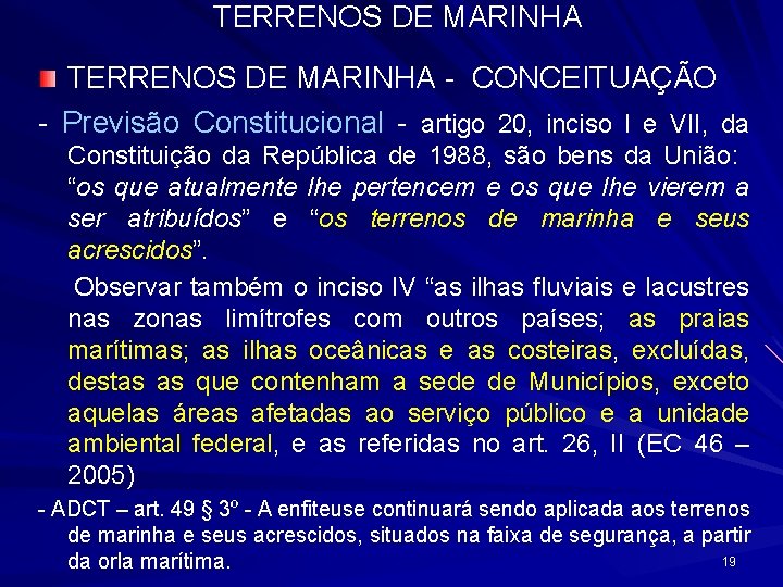 TERRENOS DE MARINHA - CONCEITUAÇÃO - Previsão Constitucional - artigo 20, inciso I e