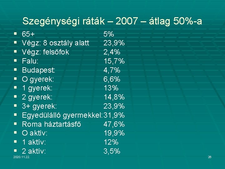 Szegénységi ráták – 2007 – átlag 50%-a § § § § 65+ 5% Végz: