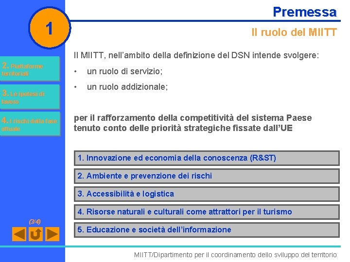 Premessa 1 Il ruolo del MIITT Il MIITT, nell’ambito della definizione del DSN intende