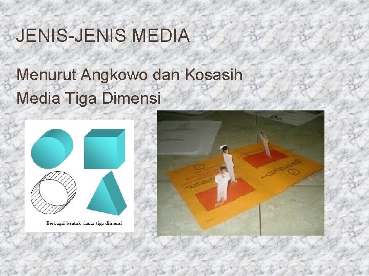JENIS-JENIS MEDIA Menurut Angkowo dan Kosasih Media Tiga Dimensi 