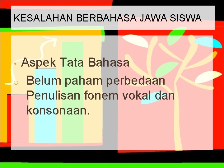 KESALAHAN BERBAHASA JAWA SISWA Aspek Tata Bahasa o Belum paham perbedaan Penulisan fonem vokal