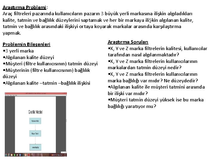 Araştırma Problemi: Araç filtreleri pazarında kullanıcıların pazarın 3 büyük yerli markasına ilişkin algıladıkları kalite,