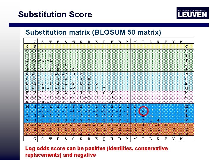 Substitution Score Substitution matrix (BLOSUM 50 matrix) Log odds score can be positive (identities,