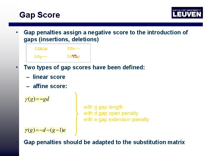 Gap Score • Gap penalties assign a negative score to the introduction of gaps
