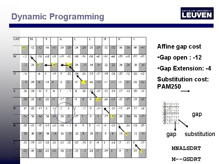 Dynamic Programming Affine gap cost • Gap open : -12 • Gap Extension: -4