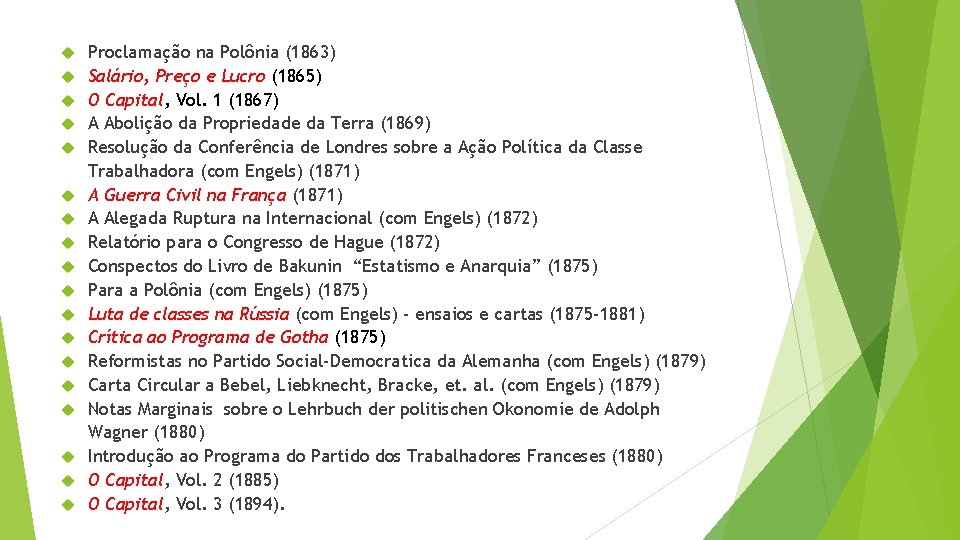  Proclamação na Polônia (1863) Salário, Preço e Lucro (1865) O Capital, Vol. 1