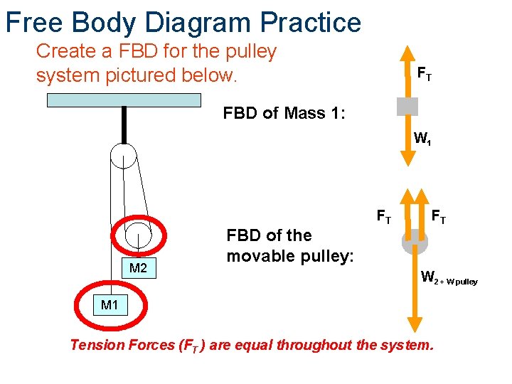 Free Body Diagram Practice Create a FBD for the pulley system pictured below. FT