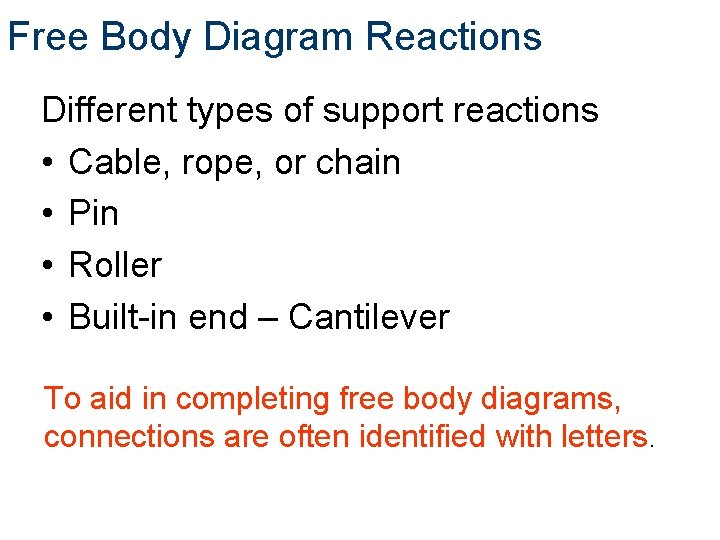 Free Body Diagram Reactions Different types of support reactions • Cable, rope, or chain